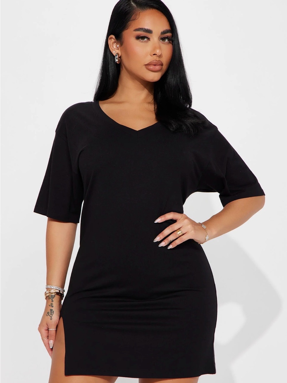 Fashion Nova Black V-Neck Short Sleeve tee shirt Dress